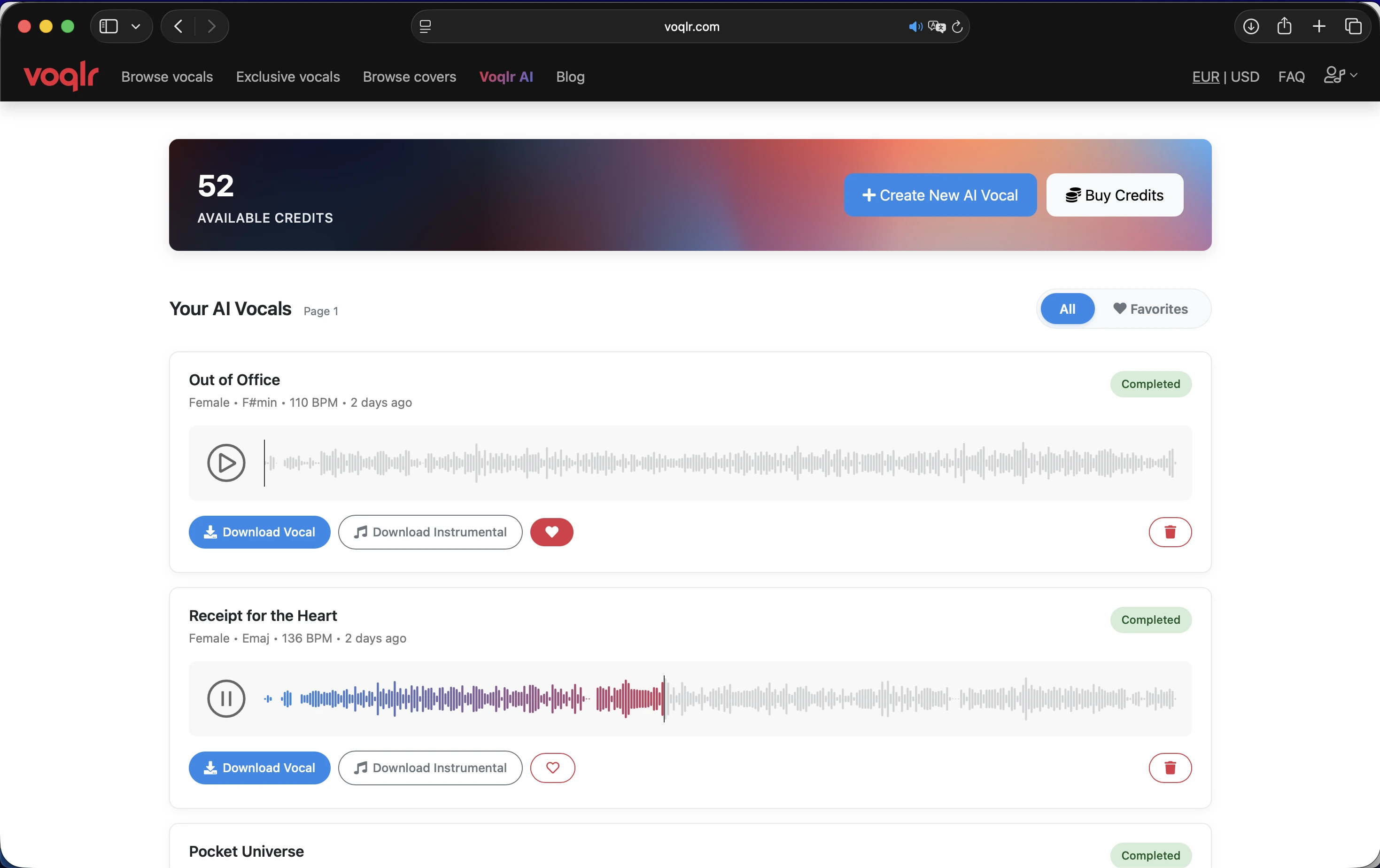 Voqlr AI vocal generator interface